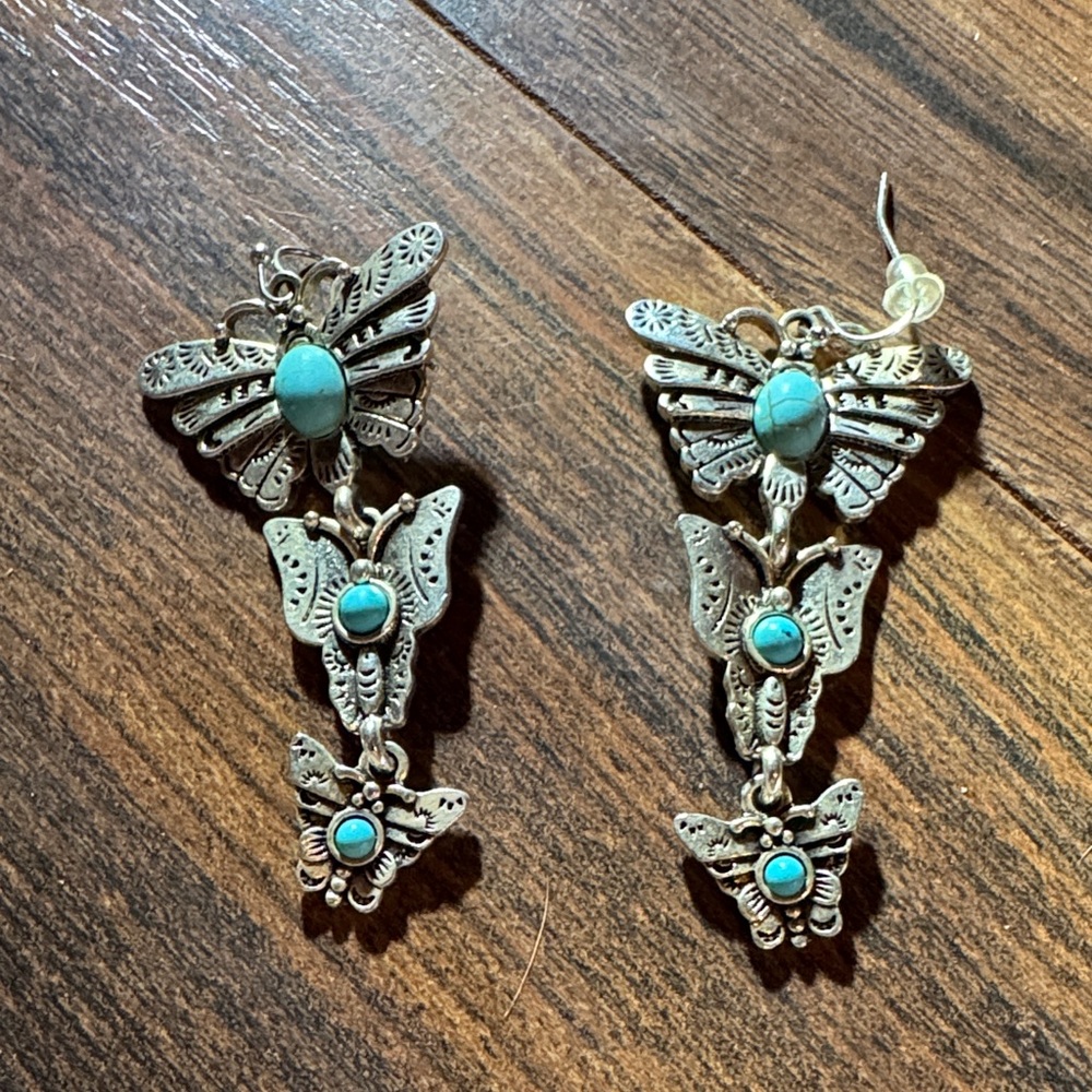 Silver Like Turquoise Butterfly Dangle Earrings